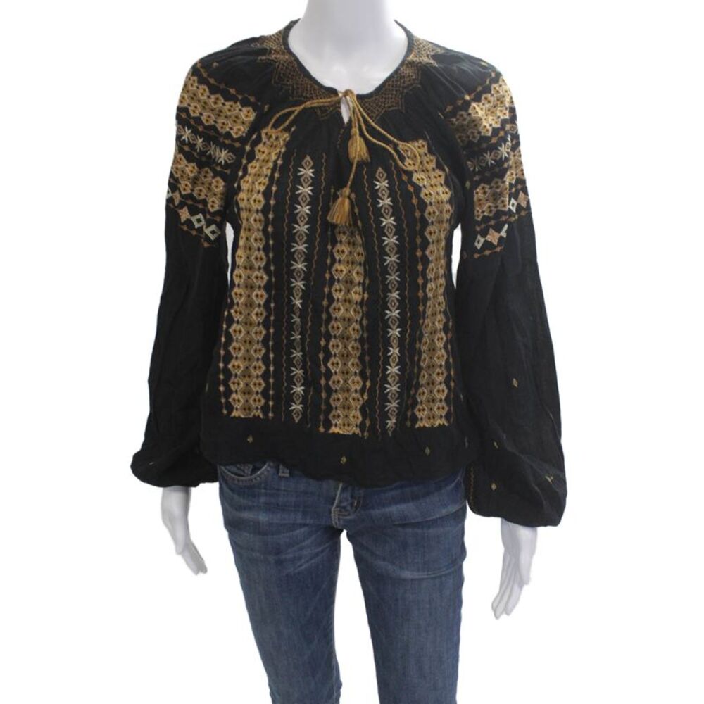 Doen Women Boho Geometric Black Cotton Tunic Long Sleeve Size XS